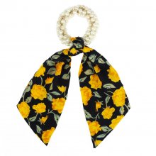 Perełkowa gumka do włosów z ozdobną apaszką w kwiaty - czarno-żółta