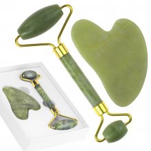 Zestaw dwustronny roller jadeitowy + Kamień GUA SHA z zielonego jadelitu z pudełkiem